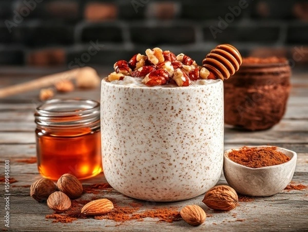 Obraz Delicious Creamy Oatmeal with Honey, Walnuts, and Almonds A Healthy Breakfast Recipe