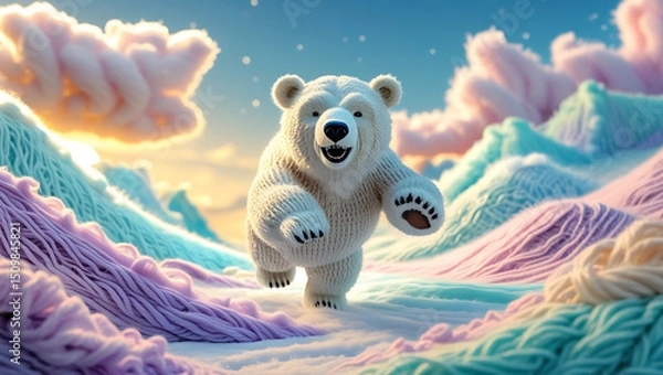 Obraz Handcrafted textured polar bear made of yarn bounding joyfully over soft knitted snow hills