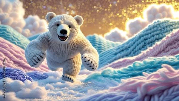 Obraz Vibrant oversized knitted polar bear playfully running across pastel yarn glacier landscape