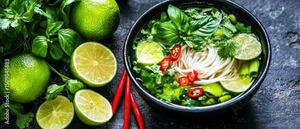 Obraz Refreshing Asian Noodle Soup with Limes and Herbs A Delicious and Healthy Recipe
