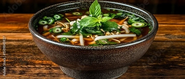Obraz Delicious Asian Soup Aromatic Broth with Fresh Herbs and Vegetables