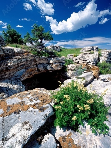 Obraz Stunning Rocky Landscape with Cave Entrance and Lush Vegetation under a Bright Blue Sky