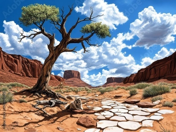 Obraz Majestic Desert Landscape Lone Tree in Red Rock Canyon under a Vivid Blue Sky