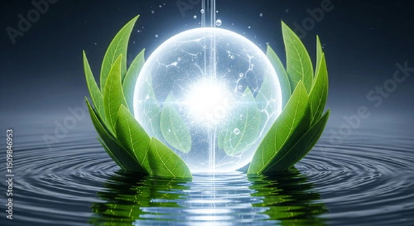 Obraz An ethereal, glowing sphere symbolizing sustainable energy, surrounded by stylized green leaves and flowing water. Clean, optimistic aesthetic, digital art style with photographic realism.