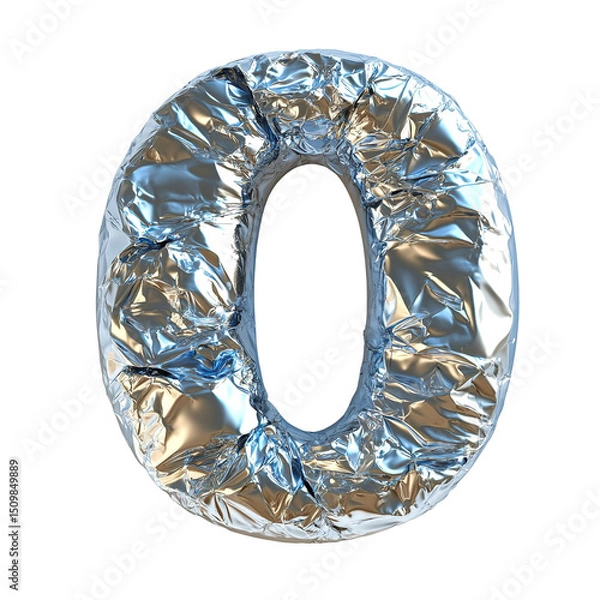 Obraz Top view of a 3D number 0 made of aluminum foil isolated on a white transparent background