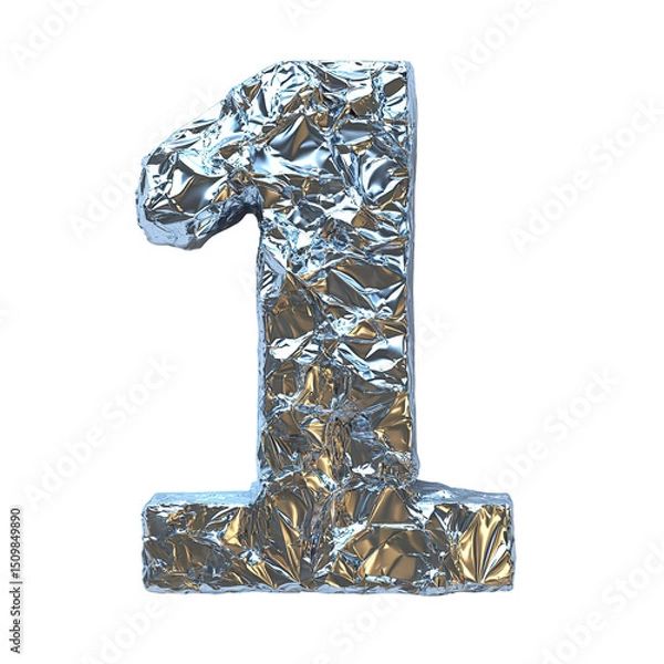 Obraz Top view of a 3D number 1 made of aluminum foil isolated on a white transparent background