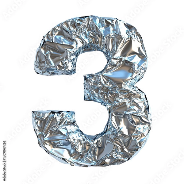 Obraz Top view of a 3D number 3 made of aluminum foil isolated on a white transparent background