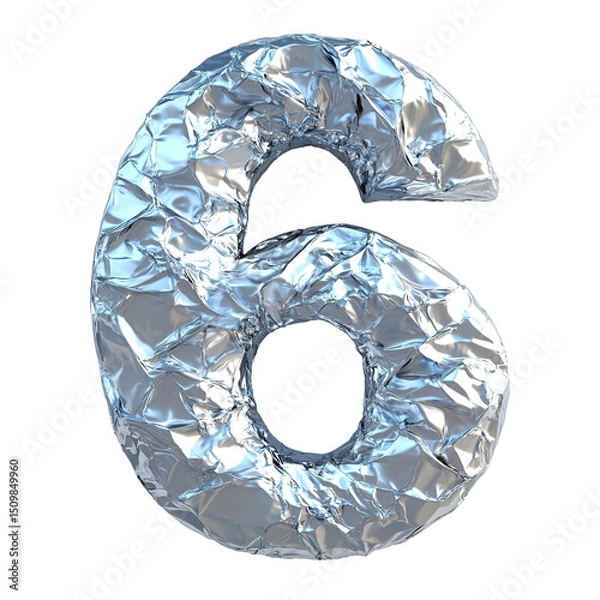 Obraz Top view of a 3D number 6 made of aluminum foil isolated on a white transparent background