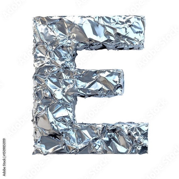 Obraz Top view of a 3D letter E made of aluminum foil isolated on a white transparent background