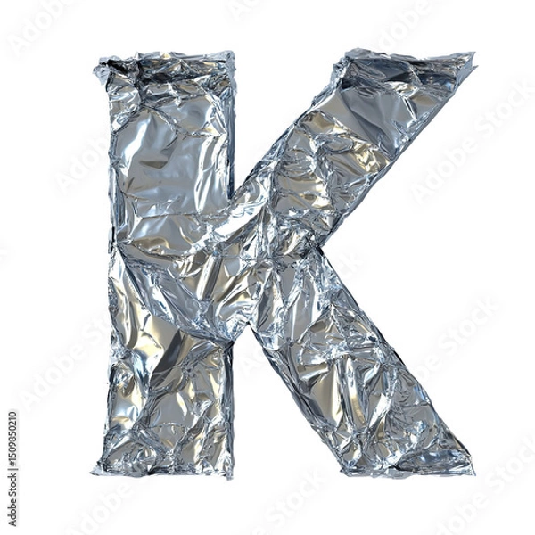 Obraz Top view of a 3D letter K made of aluminum foil isolated on a white transparent background