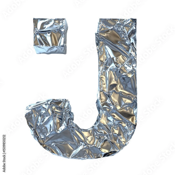 Obraz Top view of a 3D letter J made of aluminum foil isolated on a white transparent background