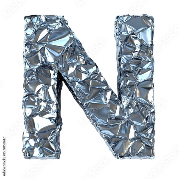 Obraz Top view of a 3D letter N made of aluminum foil isolated on a white transparent background