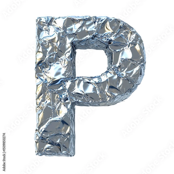 Obraz Top view of a 3D letter P made of aluminum foil isolated on a white transparent background