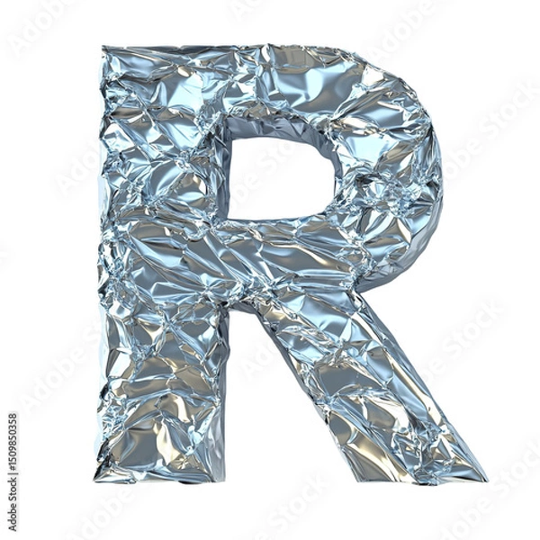 Obraz Top view of a 3D letter R made of aluminum foil isolated on a white transparent background