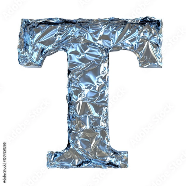 Obraz Top view of a 3D letter T made of aluminum foil isolated on a white transparent background