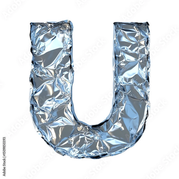 Obraz Top view of a 3D letter U made of aluminum foil isolated on a white transparent background