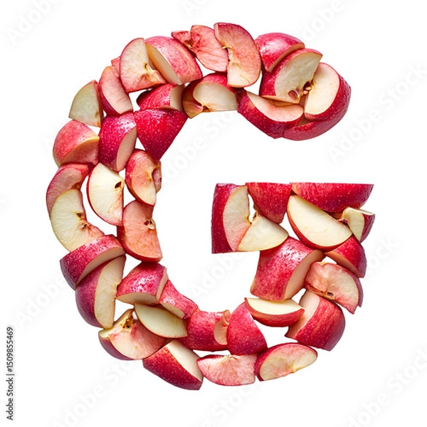 Obraz Top view of a 3D letter G made of apple slices isolated on a white transparent background