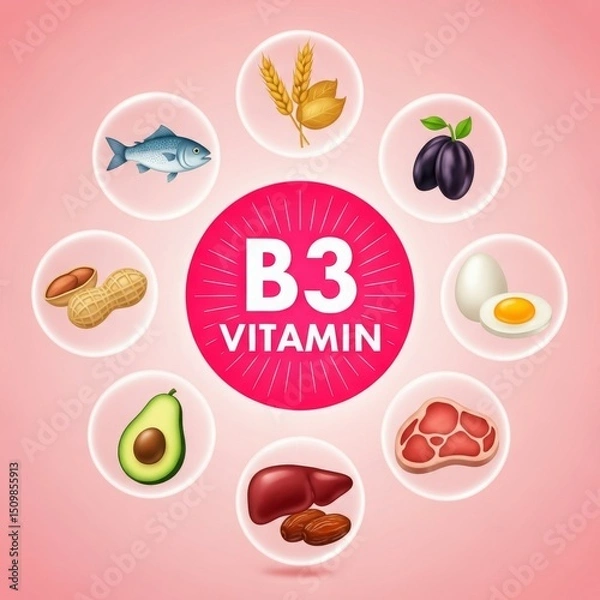 Obraz Illustration of vitamin B3 sources, featuring various foods like fish, eggs, and avocados.