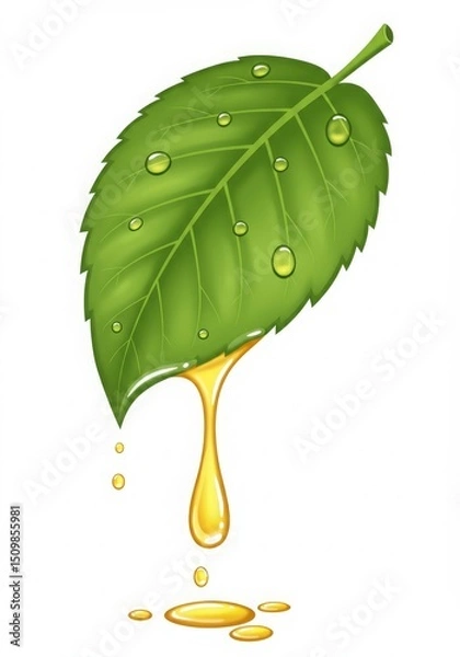 Obraz A green leaf with droplets and golden liquid dripping from it, symbolizing nature and purity.