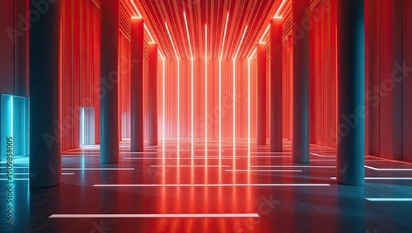 Fototapeta Illuminated Hallway with Columns and Neon Lights