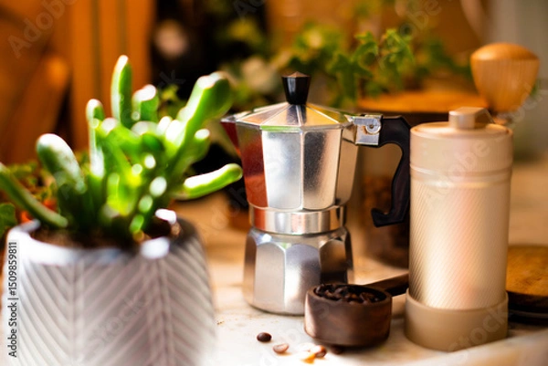 Fototapeta Ingredients for making coffee. Moka coffee maker, coffee grinder with coffee beans are on the table of a cozy kitchen.