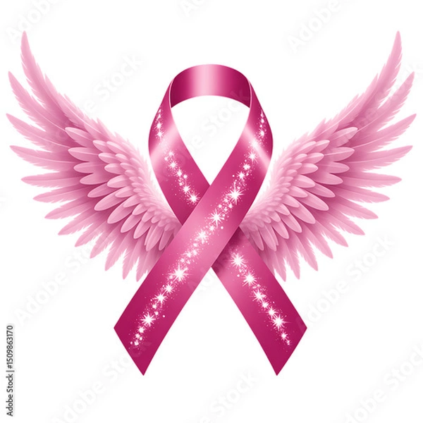 Obraz Pink Awareness Ribbon with Angel Wings and Sparkles Representing Hope and Tribute