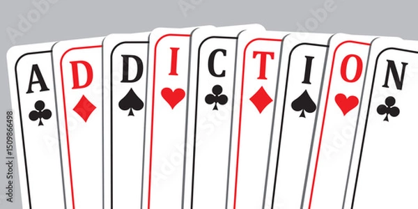 Obraz The word Addiction made of playing cards. Gambling dependence conceptual poster. Horizontal banner. Problem of addiction to gambling and online casino.