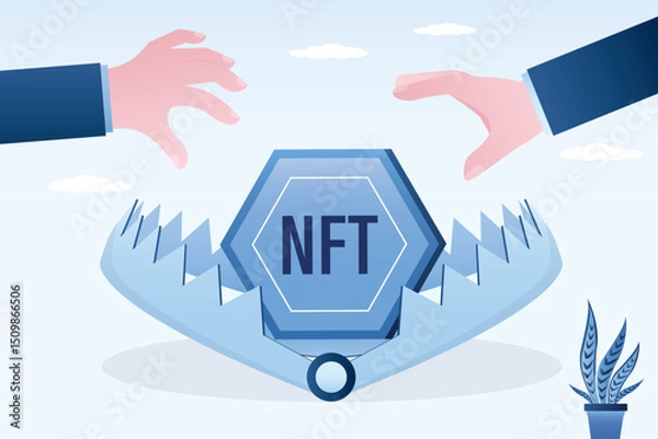 Obraz NFT token in animal trap. Crypto fraud or bait. Investor or traders reach out for digital money. The lure of easy non fungible token. Money trap concept. High risk.