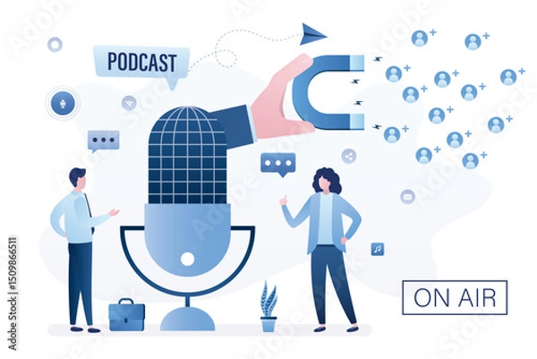 Obraz People talking in giant mic. Blogger or radio station attract new followers and subscribers. Radio host at workplace. Podcaster talking with guest.