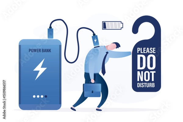 Obraz Tired businessman with empty battery connected to power bank and charging. Exhausted man needs rest and recuperation, male character holding placard - do not disturb.