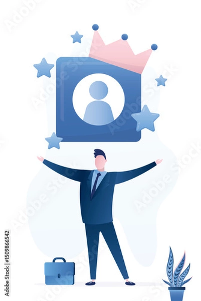 Obraz Premium, priority and VIP member accounts. Exclusive and special. Businessman holding big account symbol with crown and stars. VIP male character. First or premium class.
