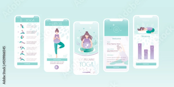 Obraz Yoga courses, gymnastics classes for pregnant. Set of vertical pages for mobile app or web banners, template. Pregnant women doing physical exercises, practicing yoga.
