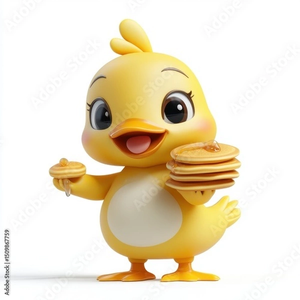 Obraz A cute yellow duck holding a stack of pancakes