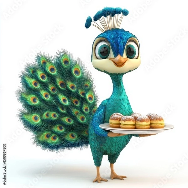 Obraz A cartoon bird with a blue and green feathery tail holding a plate of donuts