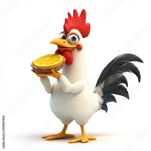 Obraz A cartoon chicken holding an orange in its beak