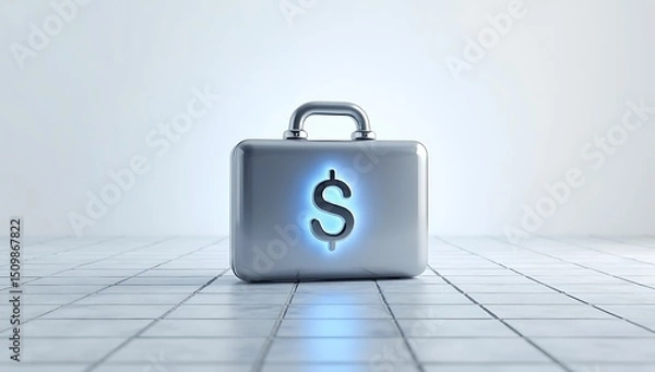 Obraz A minimal briefcase icon with a glowing handle and dollar sign in the center, placed on a soft grid backdrop.

