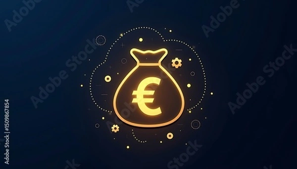 Obraz A stylized money bag icon with a glowing currency symbol, encircled by subtle dotted lines and abstract banking elements.

