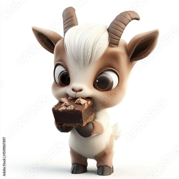 Obraz A cute goat is holding a chocolate bar in its mouth