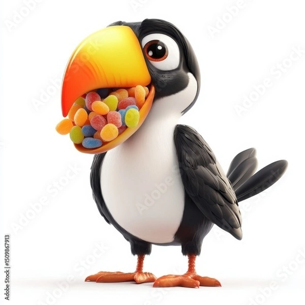 Obraz A cartoon bird with a mouth full of jelly beans