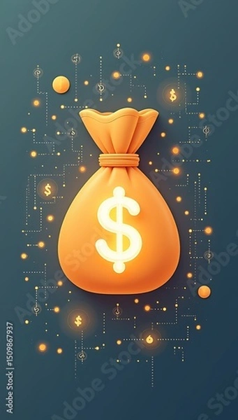 Fototapeta A stylized money bag icon with a glowing currency symbol, encircled by subtle dotted lines and abstract banking elements.

