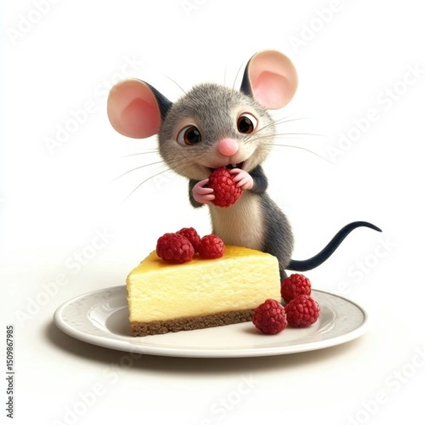 Obraz A cartoon mouse is holding a piece of raspberry cheesecake