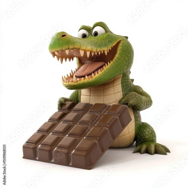 Obraz A cartoon crocodile is holding a chocolate bar in its mouth