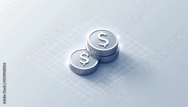 Fototapeta A minimal dollar coin icon stacked in threes, glowing edges with a soft drop shadow and digital grid lines behind.

