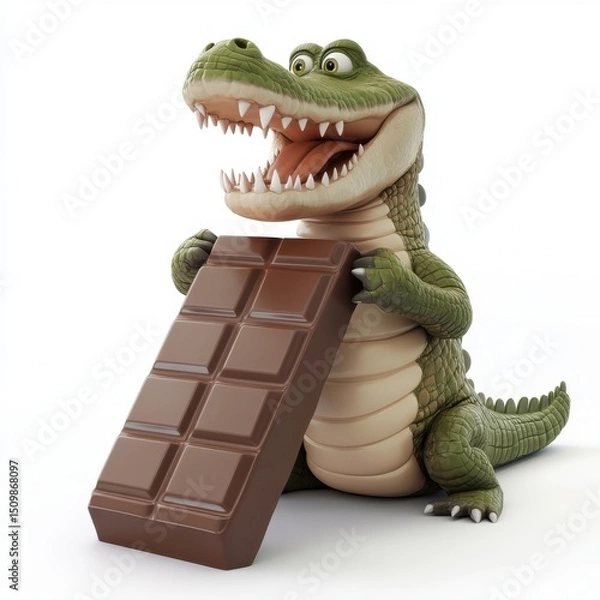 Obraz A cartoon crocodile is holding a chocolate bar in its mouth