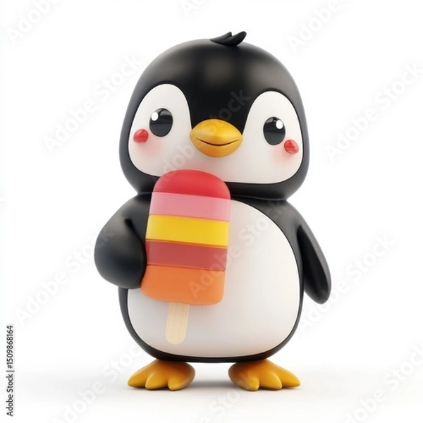 Obraz A cartoon penguin holding an ice cream stick