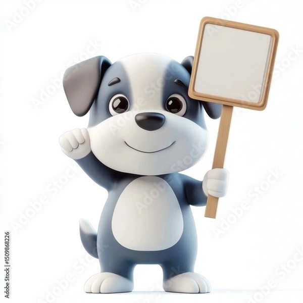 Obraz A cartoon dog is holding a white sign