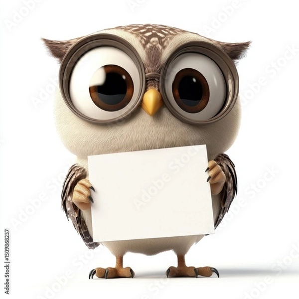 Obraz A cartoon owl holding a blank piece of paper