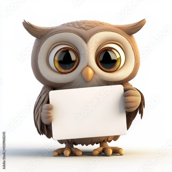Obraz A cute owl holding a blank piece of paper