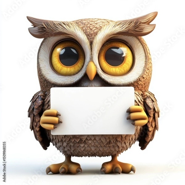 Obraz A cartoon owl holding a white piece of paper
