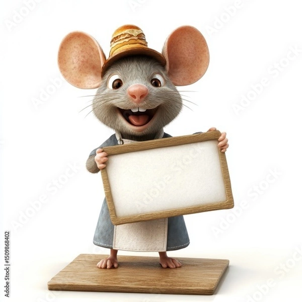 Obraz A cartoon mouse is holding a white board with a smile on its face